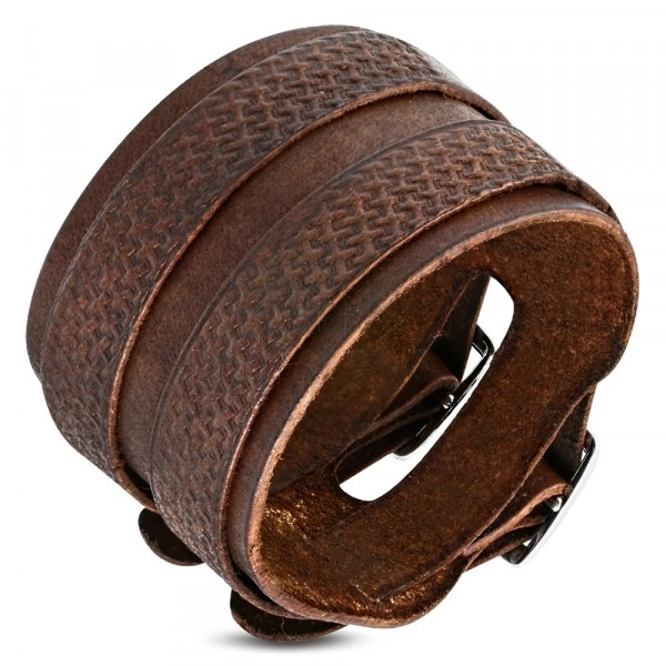 Dvojitý kožený náramok so zdobenými pásmi, hnedý