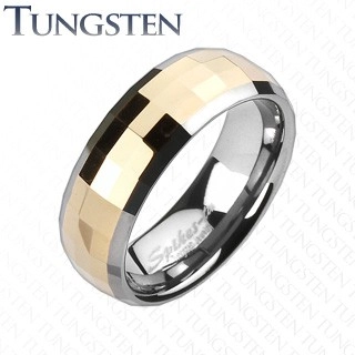 Wolfrámový prsteň - obdĺžnikové lomené fazety zlatej farby - Veľkosť: 57 mm