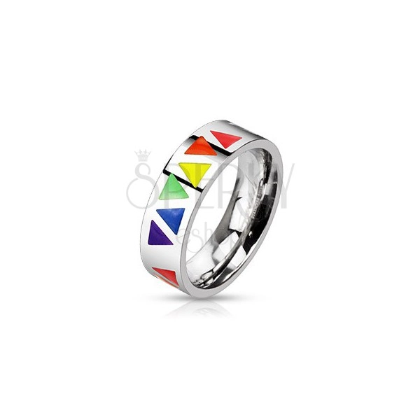 Oceľový prsteň s farebnými trojuholníkmi na podklade striebornej farby
