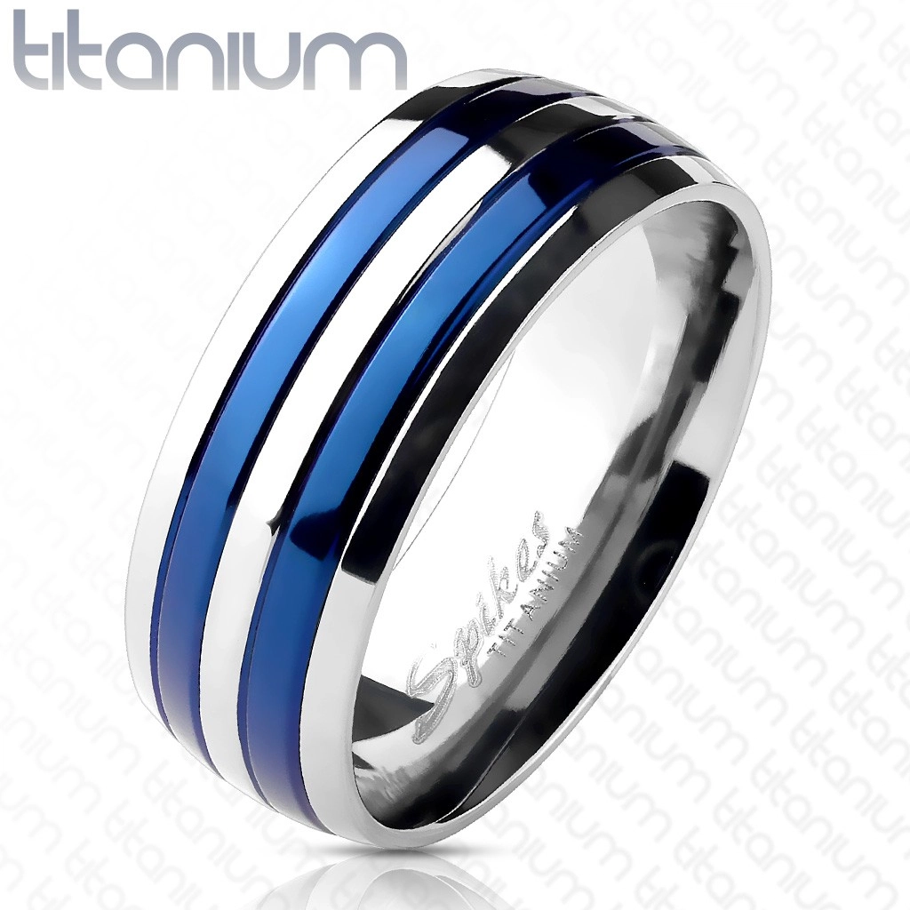 Prsteň z titánu s dvoma modrými pruhmi - Veľkosť: 69 mm