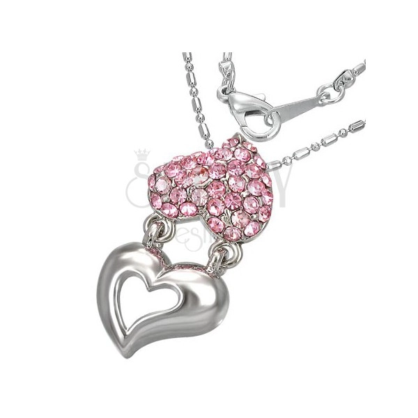 Náhrdelník - držiace sa kovové a zirkónové srdcia, ružové zirkóny 