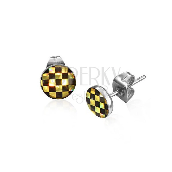 Puzetové náušnice z ocele - šachovnica v čiernej a žltej farbe