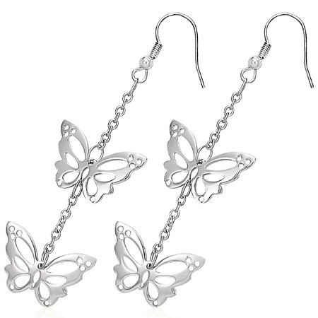 E-shop Šperky Eshop - Náušnice z chirurgickej ocele - vyrezávané motýle na retiazke, háčiky G14.8