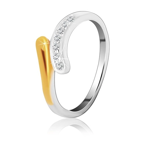 Strieborný prsteň 925 - zaoblená línia so zirkónmi a koncom zlatej farby - Veľkosť: 52 mm