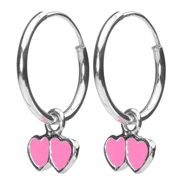 E-shop Šperky Eshop - Náušničky zo striebra 925 - malé kruhy s ružovými srdiečkami, 12 mm O9.20