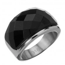Oceľový prsteň - veľký čierny kameň