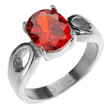 Oceľový prsteň - vystúpený červený kameň, slzičky