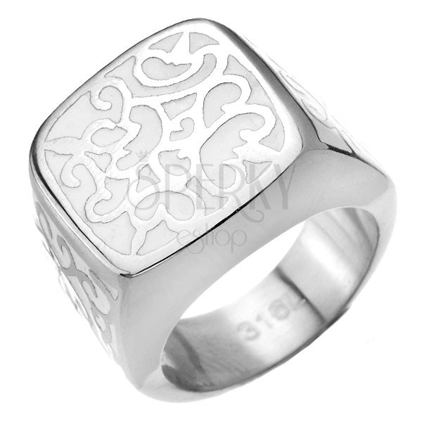 Pečatný oceľový prsteň - biely s kovovým zdobením