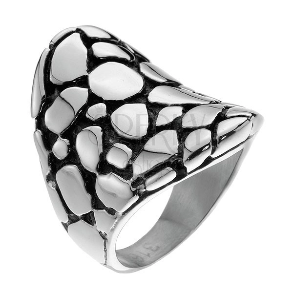 Oceľový patinovaný prsteň - motív kameňov