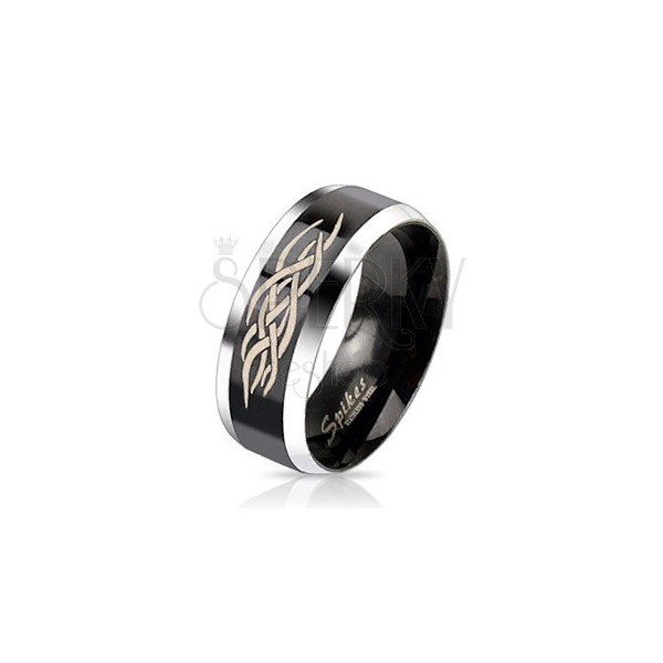 Oceľový prsteň - čierny pás s ornamentom