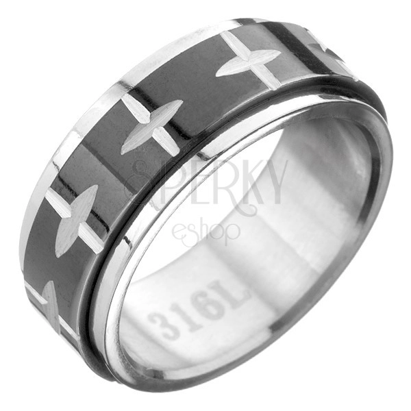 Oceľový prsteň - čierno-strieborná farba, pohyblivý pás so vzorom kríža