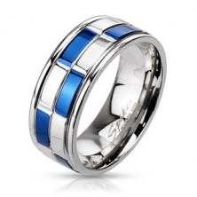Prsteň z ocele - obrúčka, obdĺžniky modro-striebornej farby