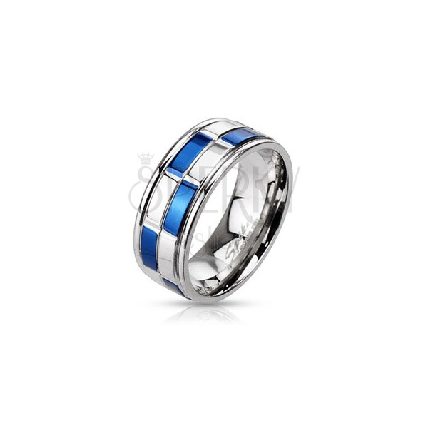 Prsteň z ocele - obrúčka, obdĺžniky modro-striebornej farby