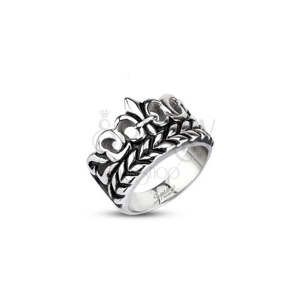Mohutnejší prsteň z ocele - Fleur de Lis s listami, patinovaný