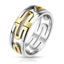 Oceľový prsteň - vyrezávaný, ovály zlatej farby, okraj striebornej farby