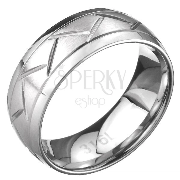 Oceľový prsteň - dve línie a cik-cak vzor, povrch striebornej farby