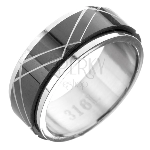 Oceľový prsteň - čierno-strieborná farba, pohyblivý pás s dvojitým vzorom