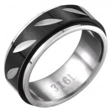 Oceľový prsteň - čierno-striebornej farby s pohyblivým pásom, lístočky