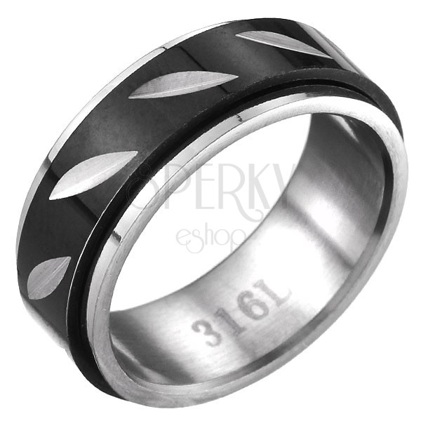 Oceľový prsteň - čierno-striebornej farby s pohyblivým pásom, lístočky