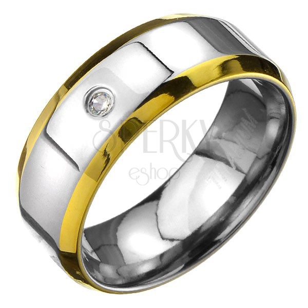 Prsteň z titánu - obrúčka striebornej farby s okrajmi zlatej farby a zirkónom