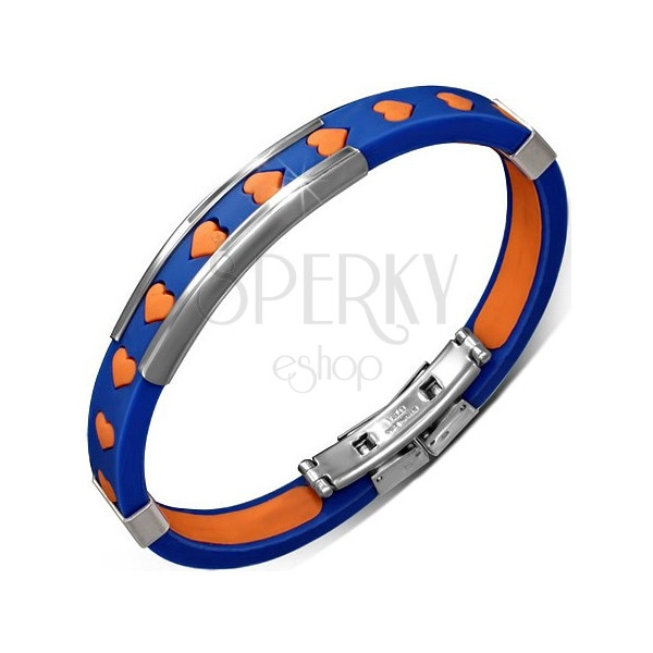 Náramok z gumy - modrý s oranžovými srdiečkami a kovovými ozdobami