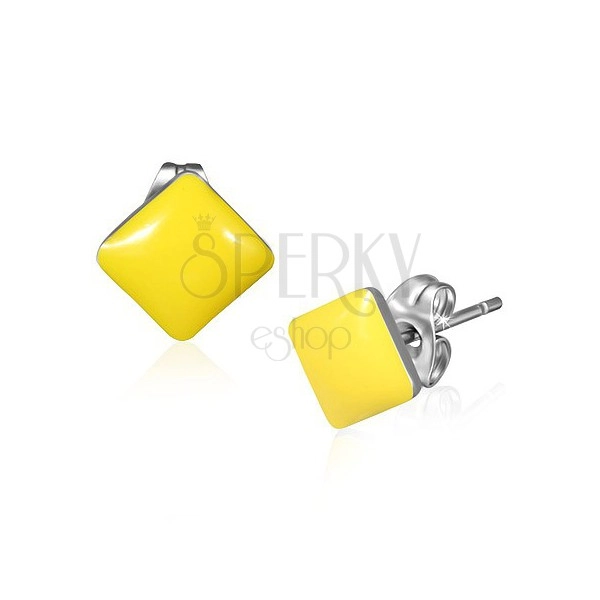 Oceľové štvorcové náušnice - pastelovo žltá farba