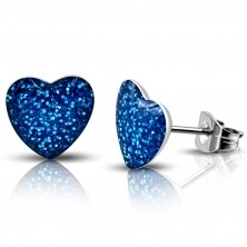 Oceľové náušnice - modré trblietavé srdce, puzetky