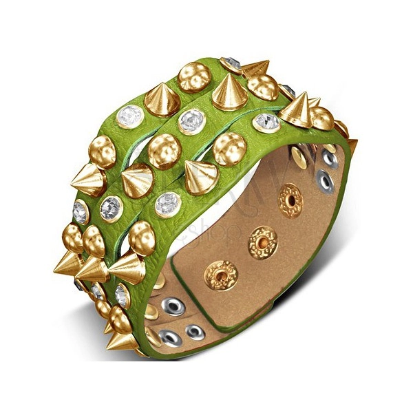 Náramok vyrobený z kože - zelený so špicom, pologuľou a kameňom