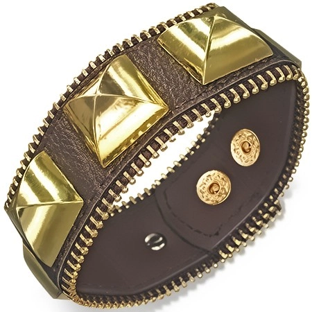 E-shop Šperky Eshop - Mohutný kožený náramok - hnedý s pyramídami zlatej farby, zips X37.11