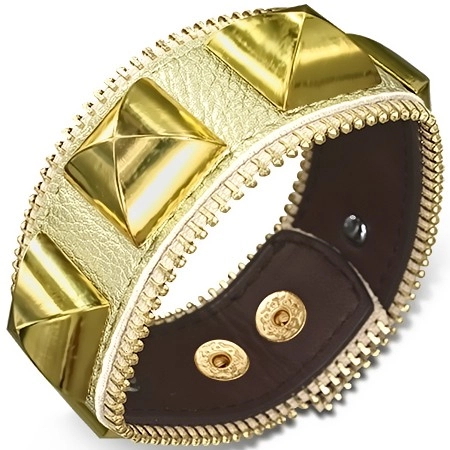 E-shop Šperky Eshop - Mohutný kožený náramok - s pyramídami zlatej farby, zips X37.14