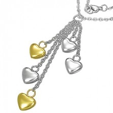 Oceľový náhrdelník - strieborná a zlatá farba, srdcia na retiazkach