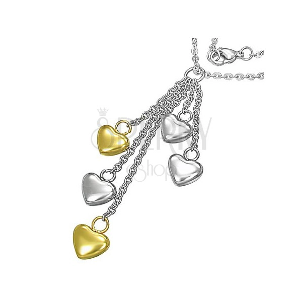 Oceľový náhrdelník - strieborná a zlatá farba, srdcia na retiazkach