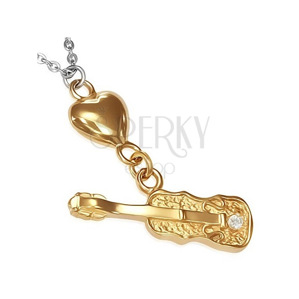 Oceľový náhrdelník - retiazka, srdce zlatej farby a gitara so zirkónom
