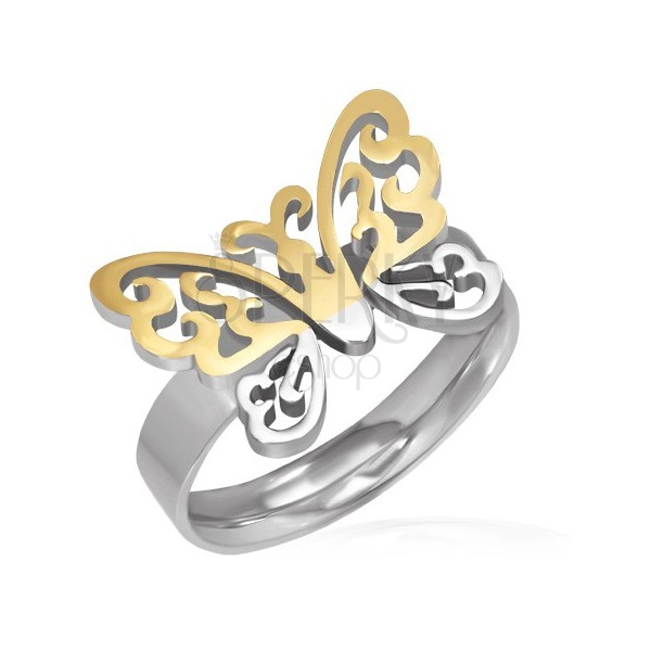 Oceľový prsteň - vyrezávaný motýľ zlato-striebornej farby