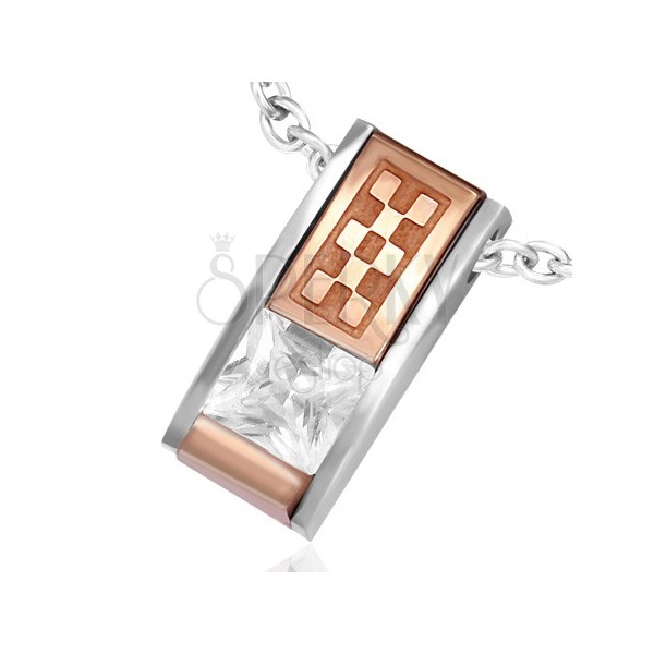 Prívesok z ocele - skosená tehlička so zirkónom a medenou šachovnicou