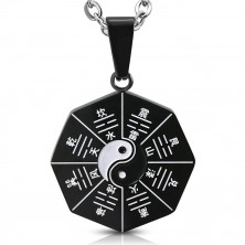 Oceľový prívesok - čierny so symbolom Jin a Jang s čínskymi znakmi