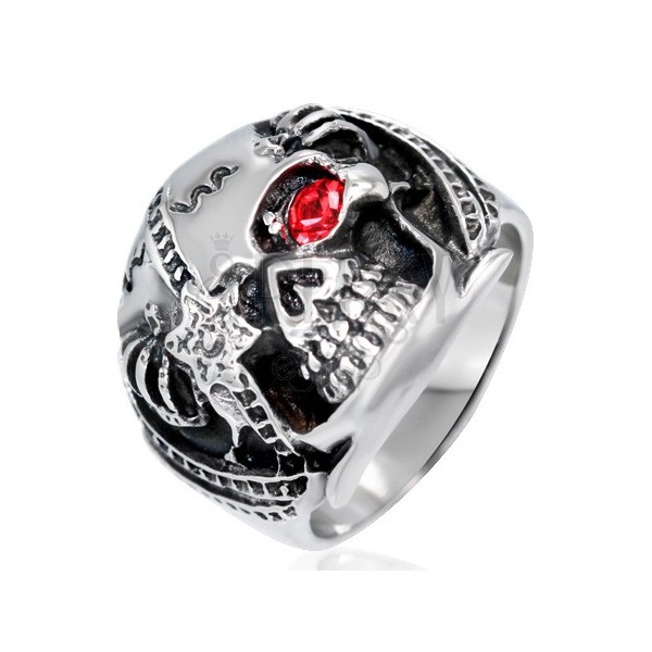 Mohutný prsteň z ocele - lebka bojovníka s červeným zirkónom, patina