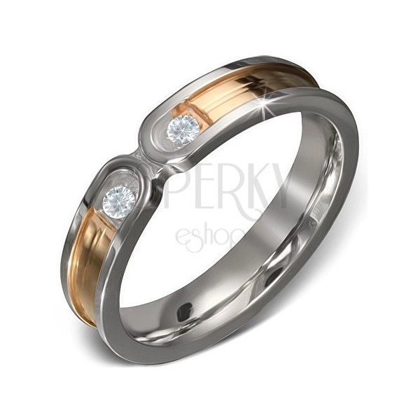 Oceľový prsteň - pruh zlatej farby s lemom striebornej farby, dva číre zirkóny
