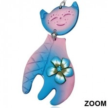 FIMO visiace náušnice - modroružová mačka s kvetom a zirkónom