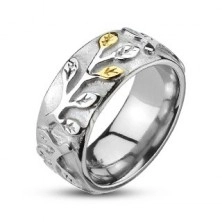Oceľový prsteň s lístkami zlato-striebornej farby a patinou