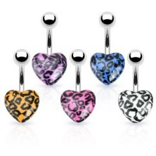 Piercing do pupka z ocele - farebné srdce s leopardím vzorom