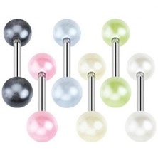 Piercing do jazyka z ocele - farebné perleťové guľôčky