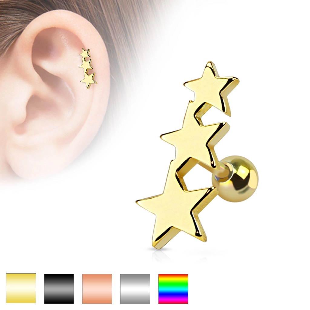 Piercing do tragusu z chirurgickej ocele - tri spojené hviezdy, gulička, rôzne farby - Farba piercing: Zlatá