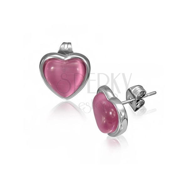 Oceľové náušnice s ružovým kameňom v tvare srdca v objímke