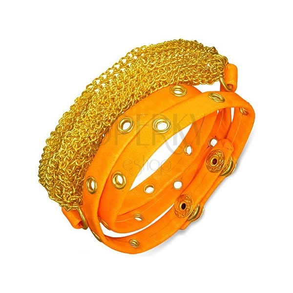 Náramok z umelej kože - retiazky zlatej farby, neónovo oranžový vybíjaný pás