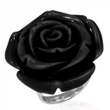 Oceľový prsteň - rozkvitnutá čierna ruža zo živice