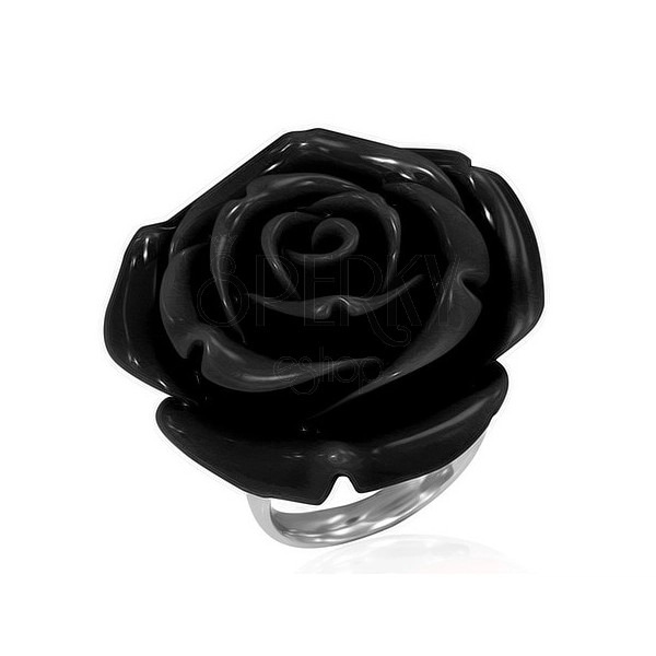 Oceľový prsteň - rozkvitnutá čierna ruža zo živice