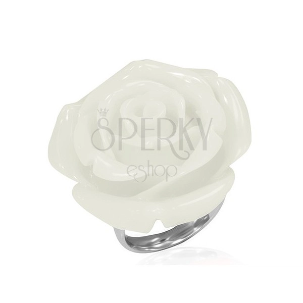 Oceľový prsteň - biela rozkvitnutá živicová ruža
